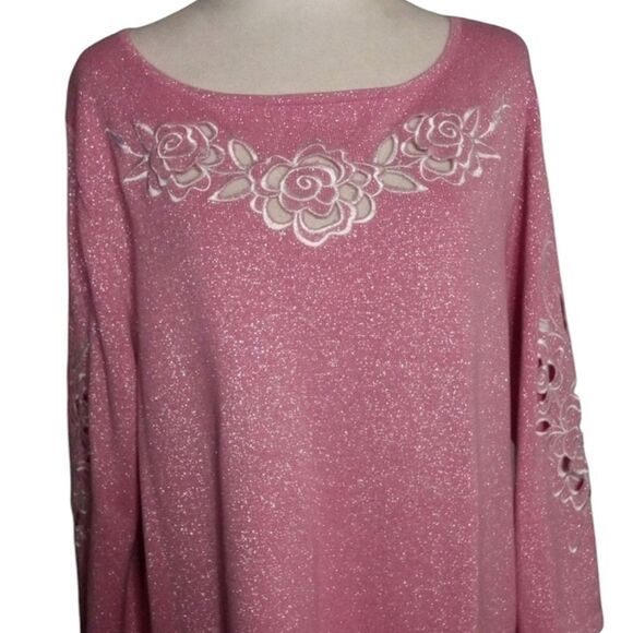 Bob Mackie Wearable Art Pink Floral Cutout Sparkly Tunic Cotton Blend NWT XL - Picture 2 of 8